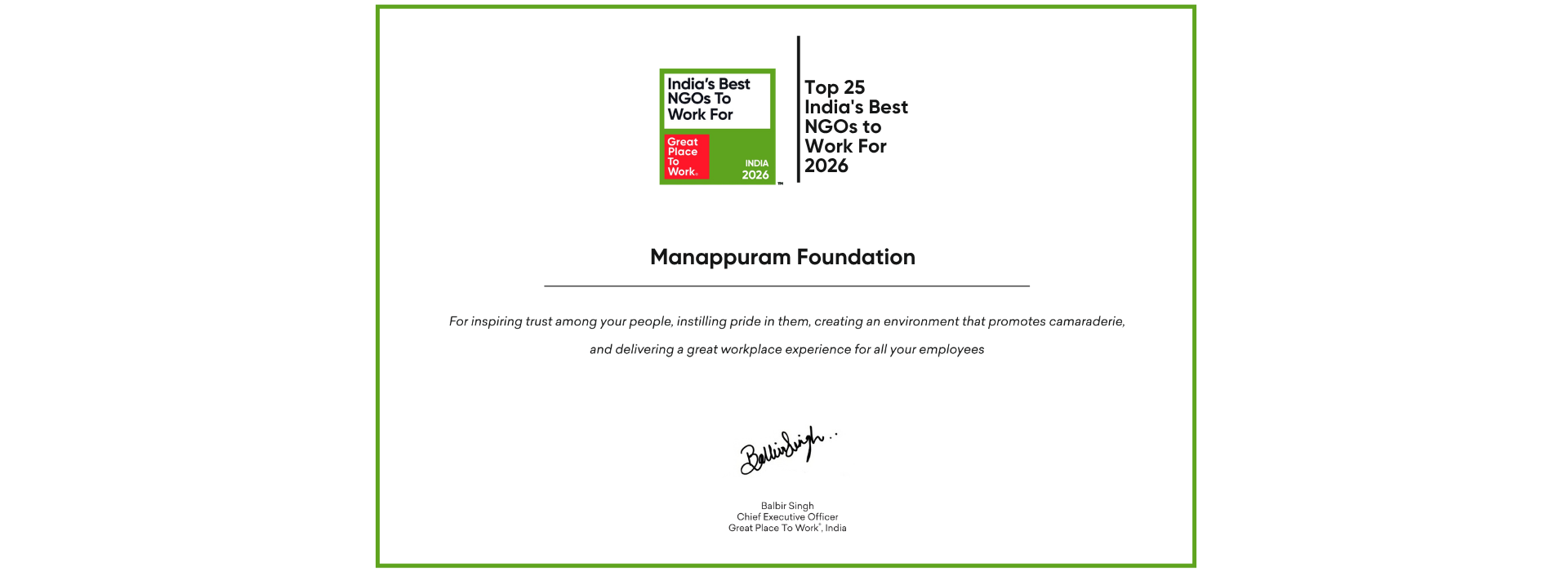 Manappuram Foundation Top 25 India's Best NGOs to Work For 2026